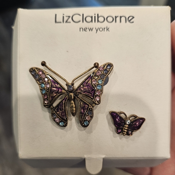 Liz Claiborne Purple Butterfly Brooches Enamel Pink Blue Rhinestones Set of 2 - Picture 4 of 5